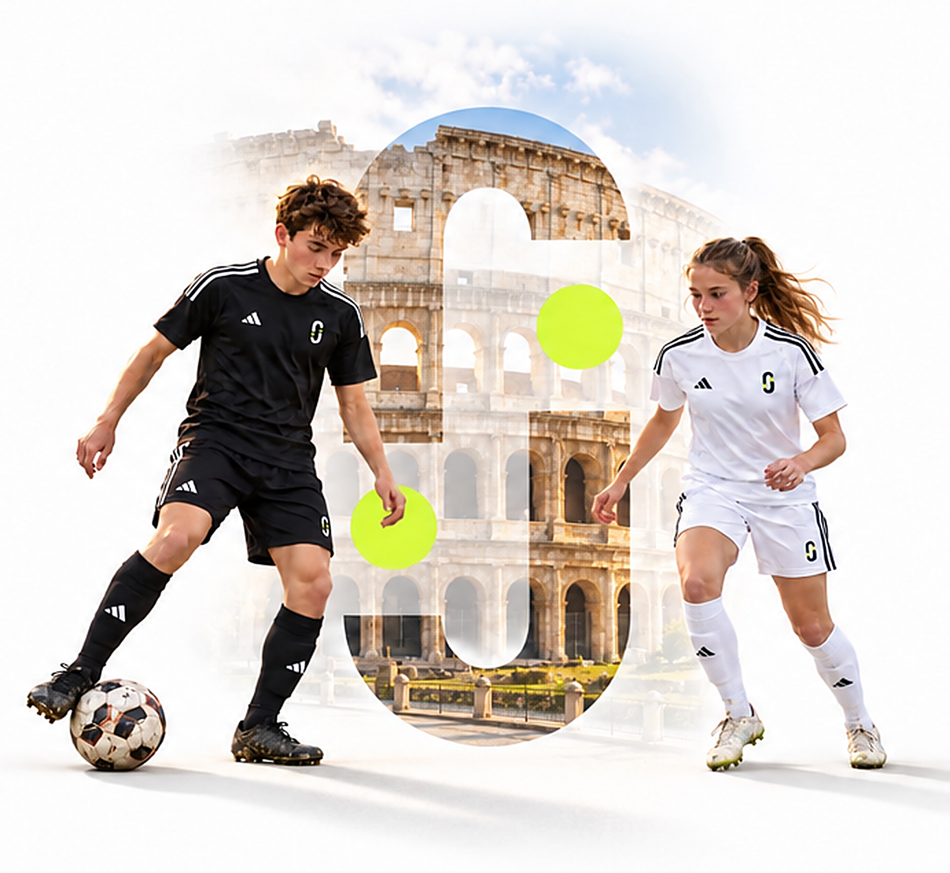 Male and female footballers in JOGA kits in front of the Colosseum in Rome