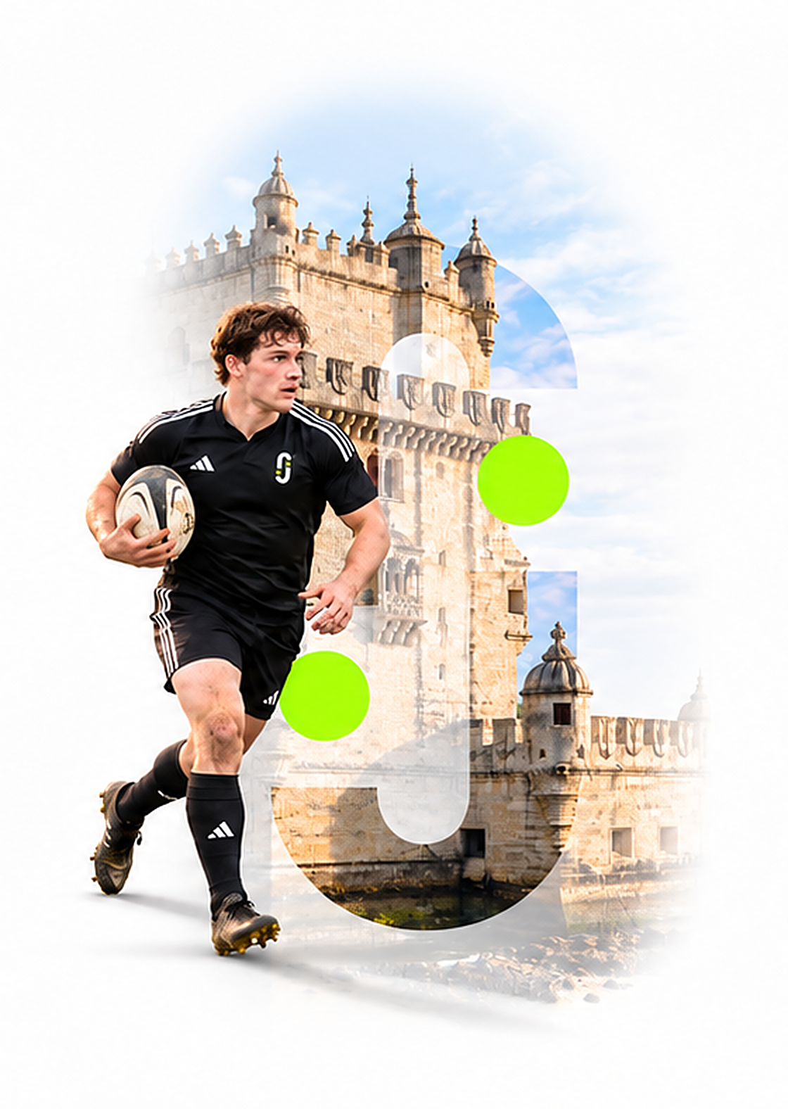Rugby player in a JOGA kit running with the ball in front of Belém Tower, Lisbon