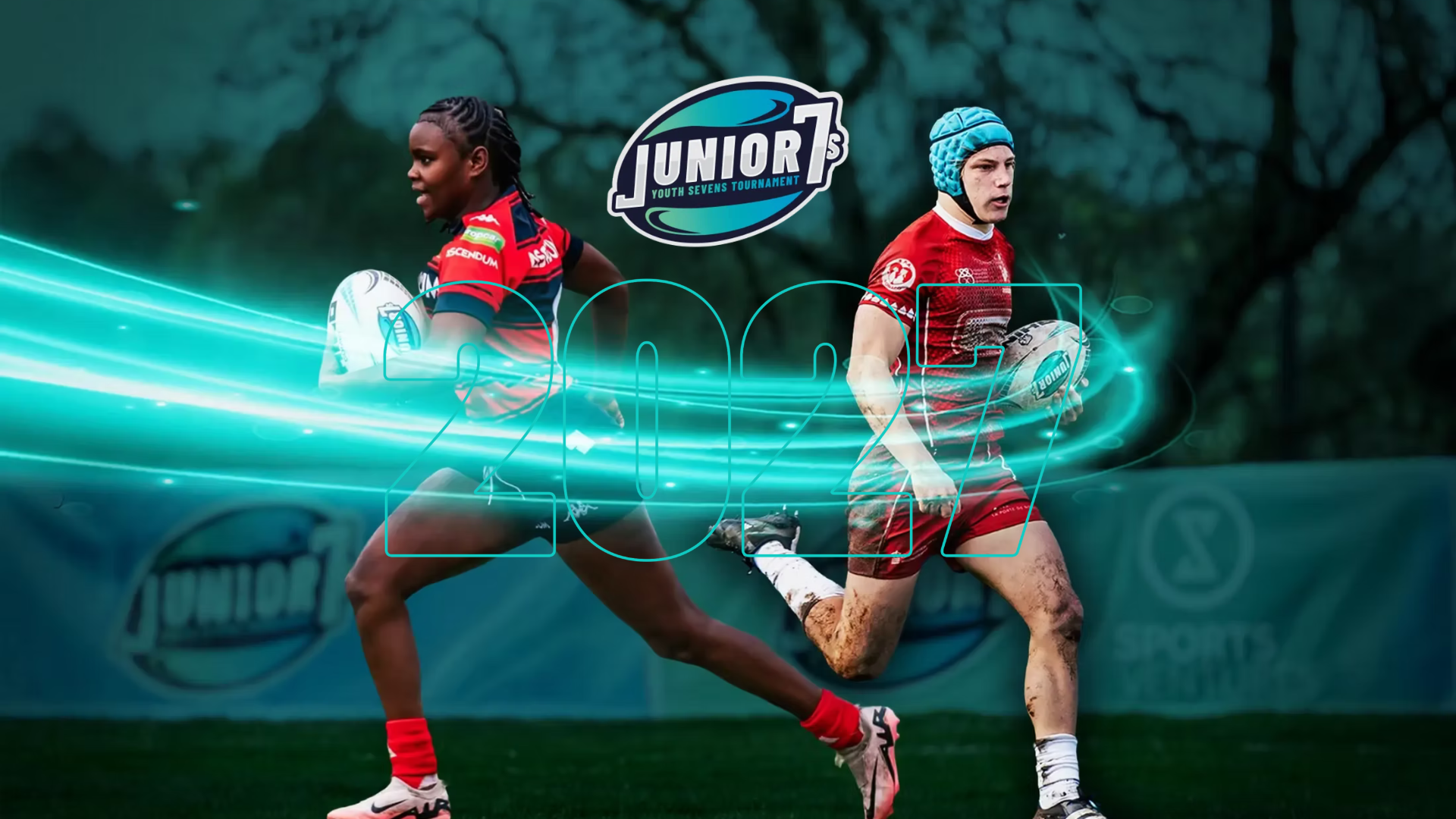 Youth rugby players contesting possession during a sevens match
