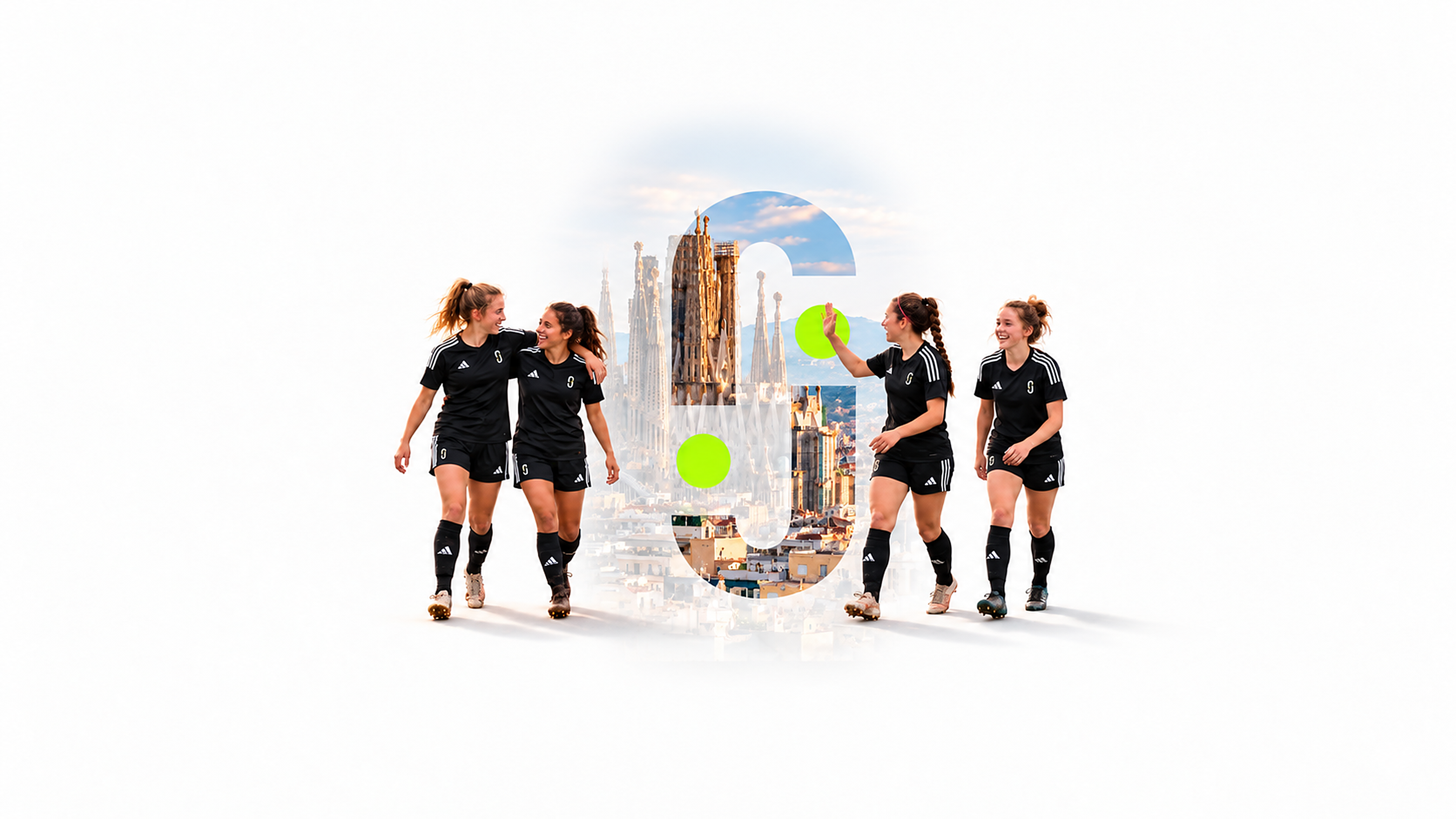 Footballers in JOGA kits celebrating in front of the Sagrada Família and a large double-J monogram