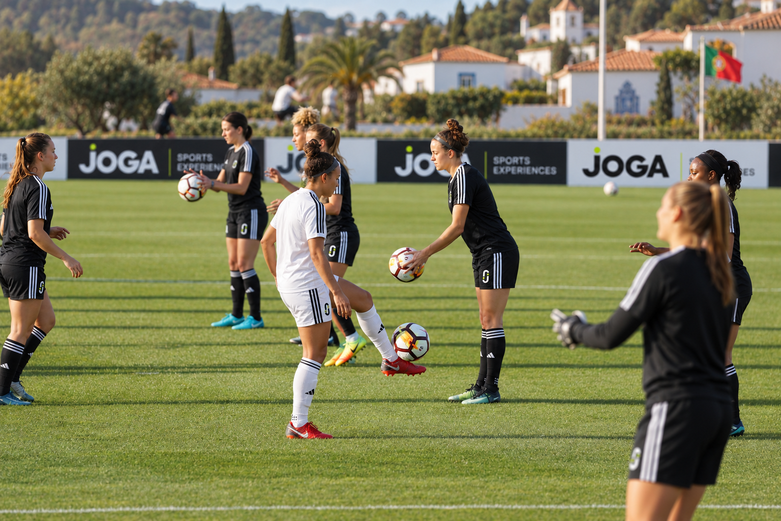 Women footballers training together on a JOGA pitch